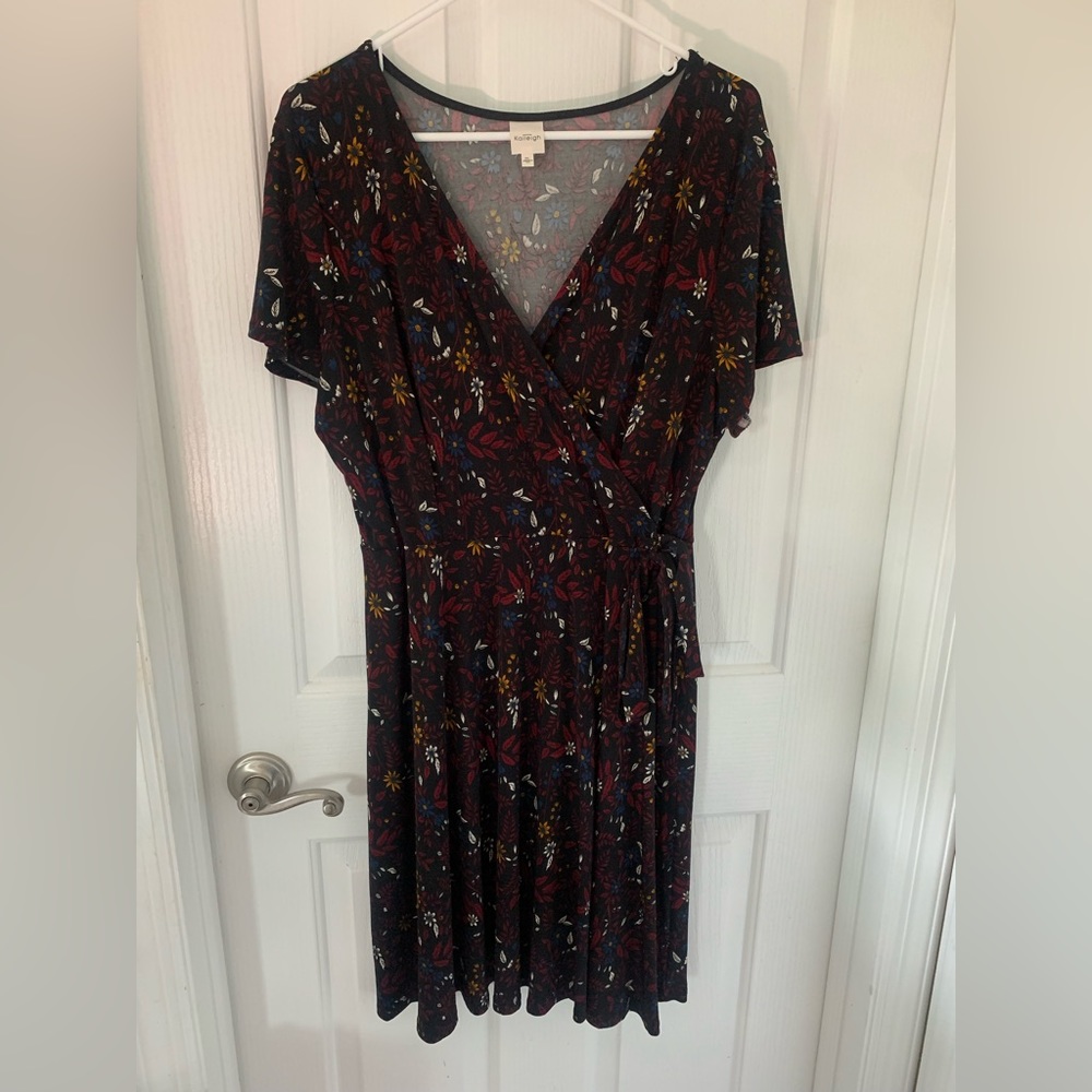 Kaileigh Black Floral Wrap Dress with Red and Yellow Accents